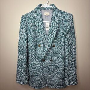 LOFT Tweed double breasted lined blazer blue teal New Sz 6p